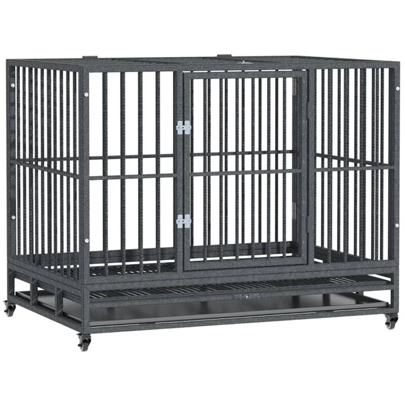 Grey Dog Cage with Secure Welded Frame Slide-Out Tray Front and Top Doors and Rolling Wheels - 43" L x 28.25" W x 34.75" H