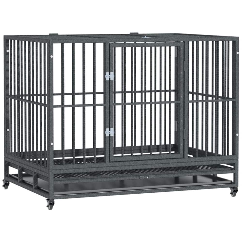 Grey Dog Cage with Secure Welded Frame Slide-Out Tray Front and Top Doors and Rolling Wheels