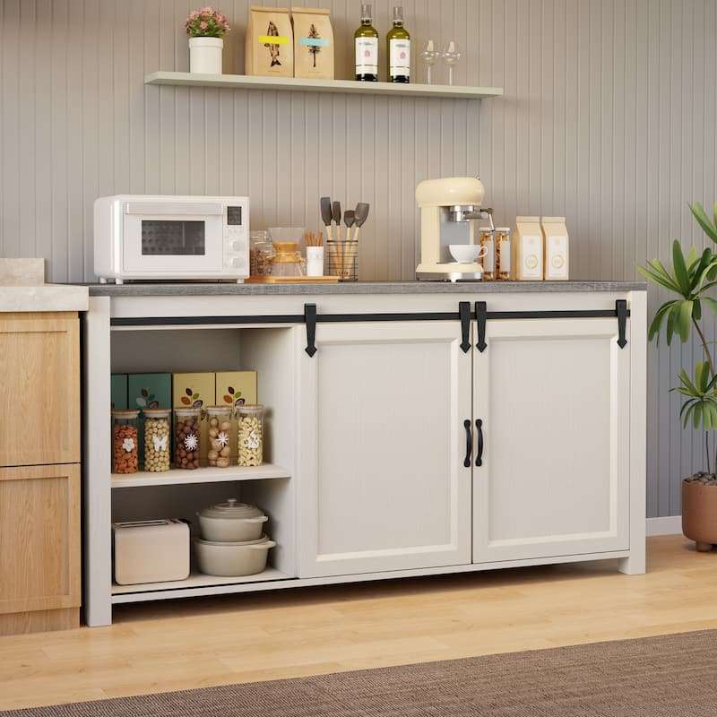 Farmhouse Sideboard Buffet Cabinet with Storage,Coffee Bar Cabinet with 4 Drawers and Sliding Barn Doors