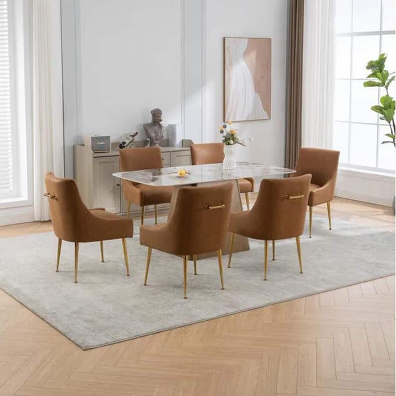 SEYNAR Modern Glam PU Leather Dining Chair or Vanity Chair Set of 6 with Rear Handle - Brown