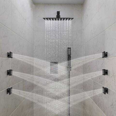 12" Wall Mount Rainfall 3 Way Thermostatic Shower Faucets Sets with 6 Body Jets