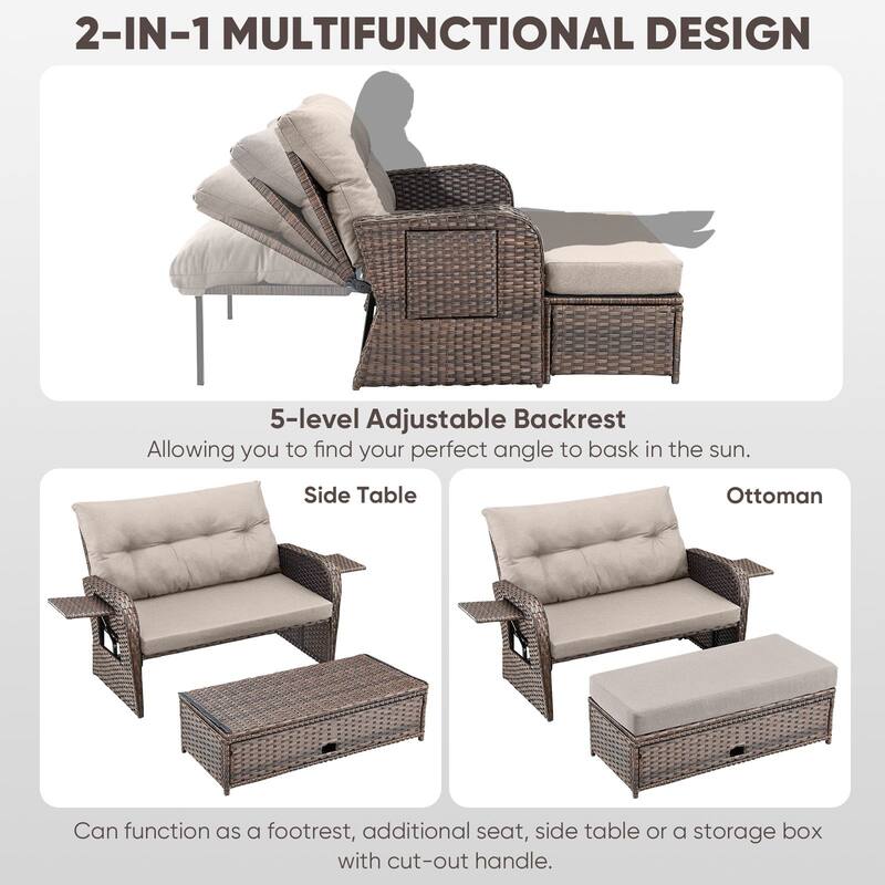 Outdoor Rattan Lounge Chair with Footrest for Backyard - Brown