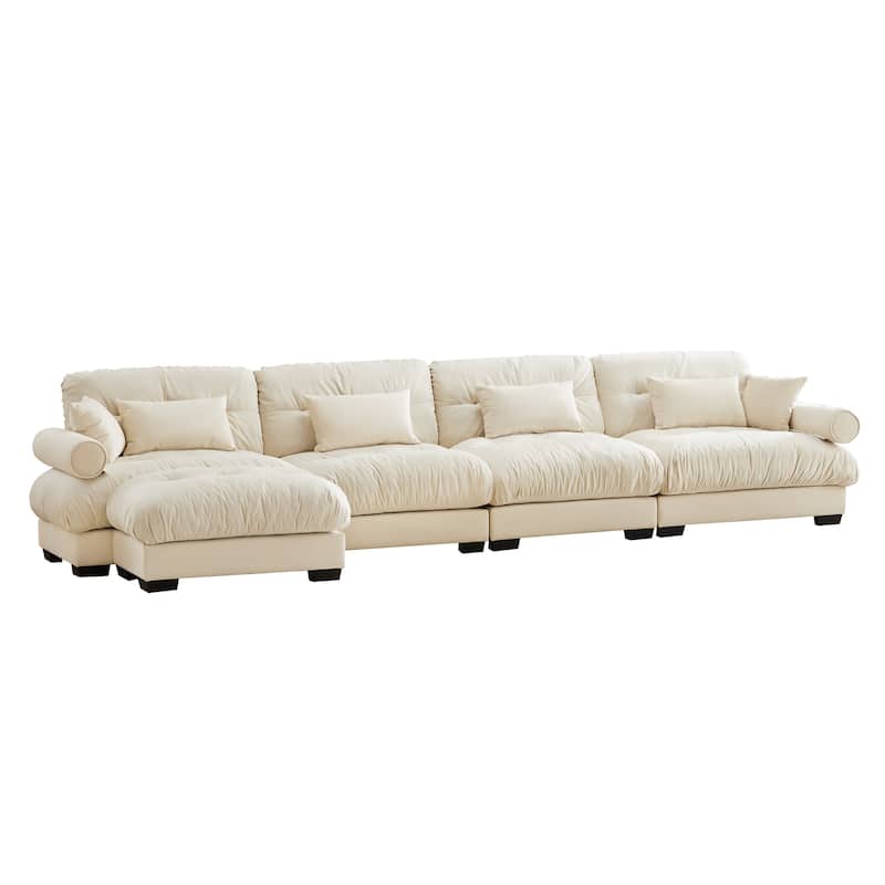 166" 4-Seat Velvet L-Shaped Sectional Cloud Sofa with Convertible Design, Bolstered Armrests, and Included Pillows