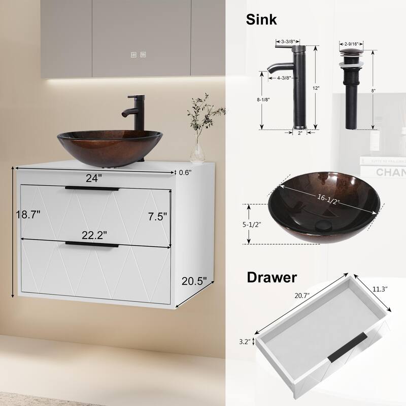 Modern Wall Mounted Bathroom Vanity Set with Vessel Sink & Faucet