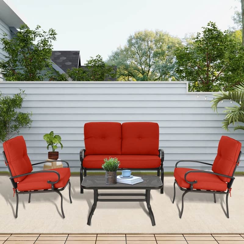 SUNCROWN 4Pcs Outdoor Furniture Patio Conversation Sets Loveseat - Red