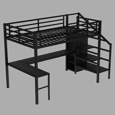 Full/Queen Metal Loft Bed with Wardrobe, L-shaped Desk, Stairs, USB Ports & LED Lights for Kids and Adults