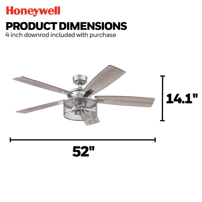 52" Honeywell Carnegie Pewter Industrial Farmhouse LED Ceiling Fan with Light and Remote Control