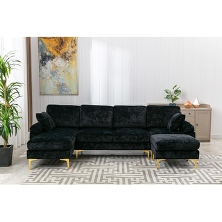 Black Living Room Sectional Sofa Set w/ Modular Movable Ottomans - Bed ...