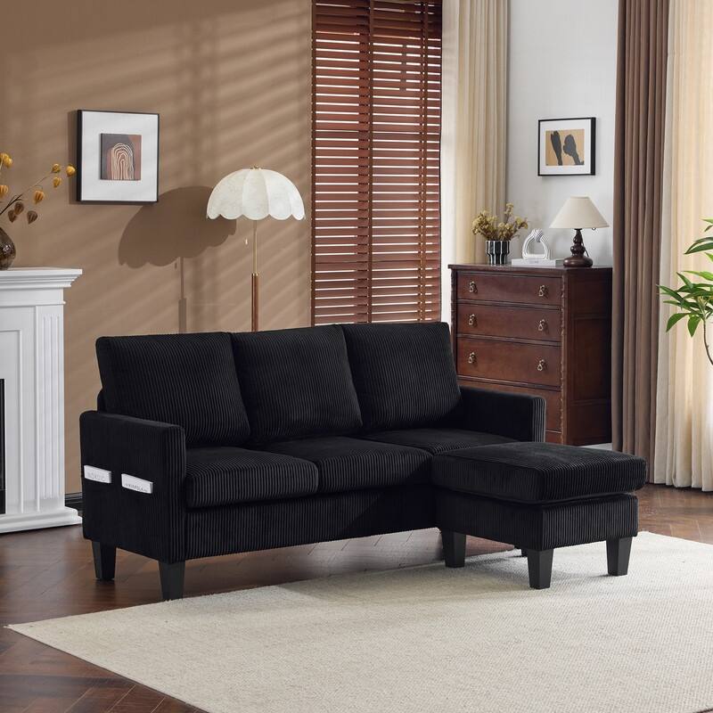 68.5'' W 3-Seat Square Arm Corduroy Couch with Storage Ottoman - Black