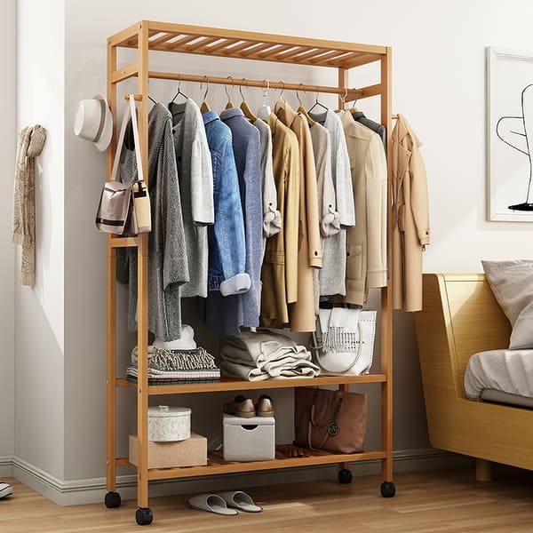 Rolling Clothes Garment Racks Bamboo Hanging Stand - On Sale - Bed Bath ...