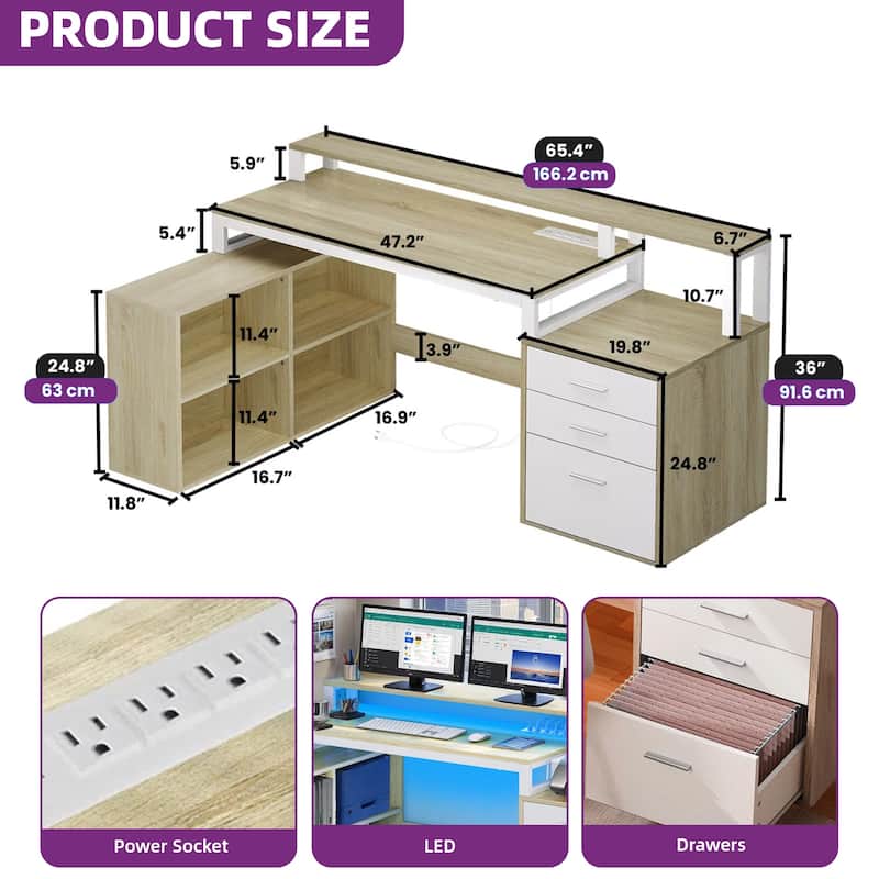 Moasis 65" Computer Desk with Filing Cabinet and Storage Shelves, LED Lighting Corner Home Office Desk