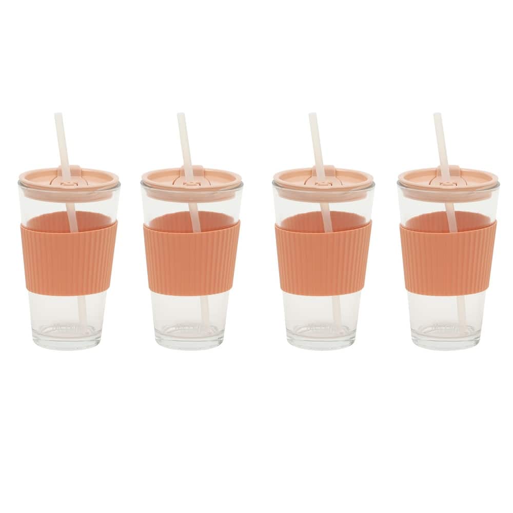 Mr. Coffee Sip Savvy 4-Pack 15oz Glass Tumblers with Lids and Straws - Reusable Iced Coffee Cups