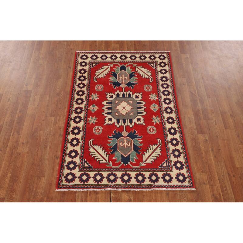 Geometric Red Kazak Oriental Accent Rug Hand-Knotted Wool Carpet - 3'5" x 4'11"