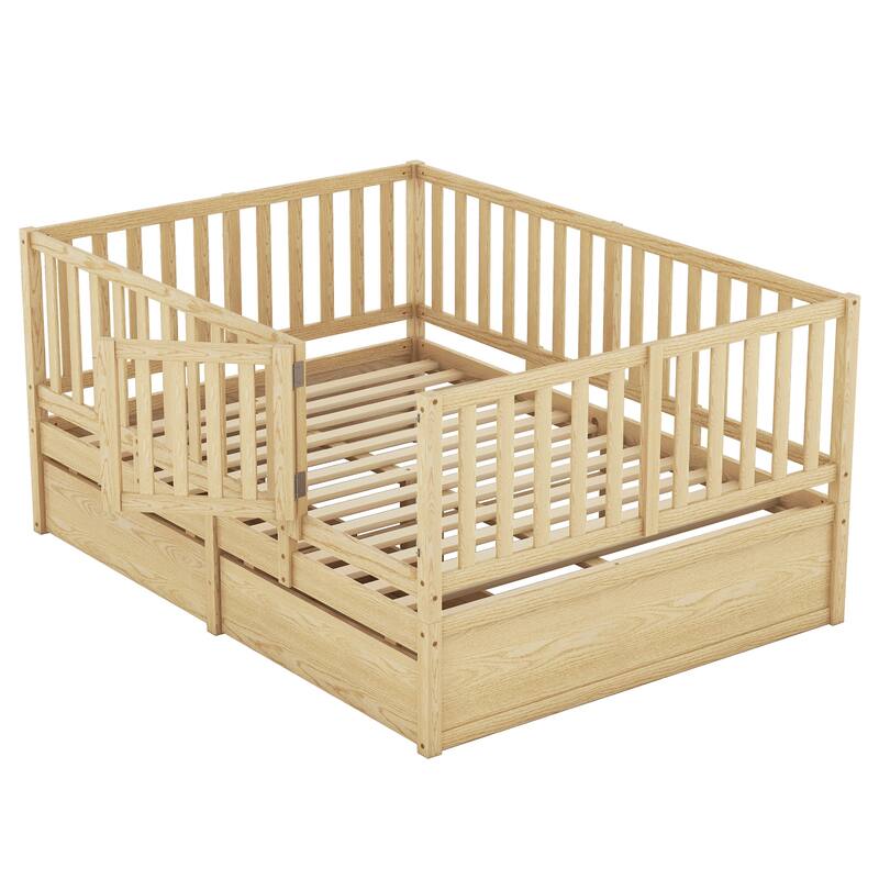 Modern Wood Daybed with Fence Guardrails and 2 Drawers