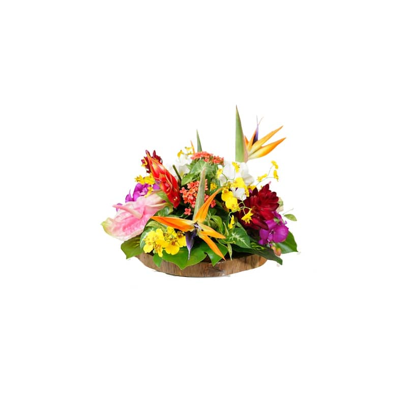 Tropical Artifical Flower Arrangement in Teak Wood Plate - Orange