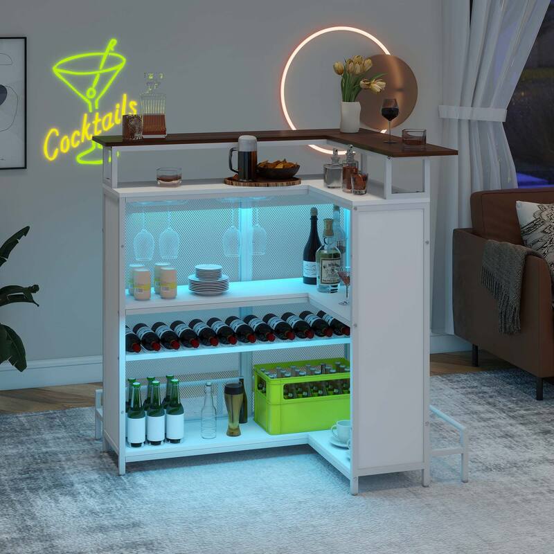 Moasis Home Bar Unit L-shape Liquor Bar Table with 2-Tier Storage and Shelves