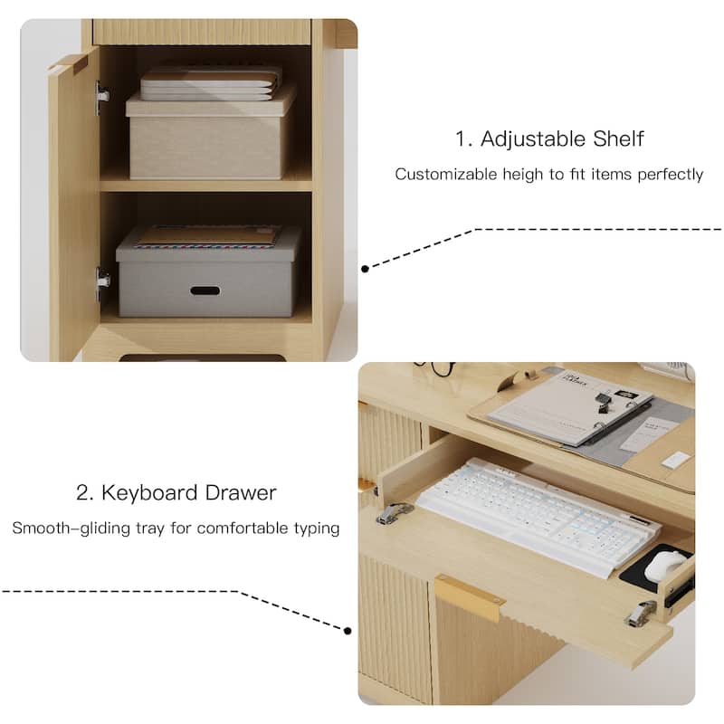 Pocassy Fluted Office Desk with Power Outlets Long Monitor Stand