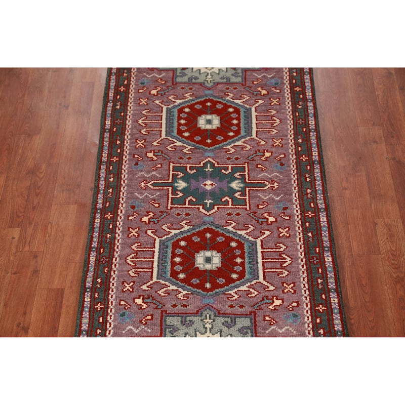 Hand Knotted Oriental 100% Wool Carpet Transitional Geometric Purples Khotan Runner Rug - 9' 10'' X 2' 7''