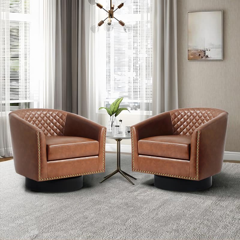 2 Set Tufted PU Vegan Leather Swivel Barrel Chair with Nailheads Trim - Brown