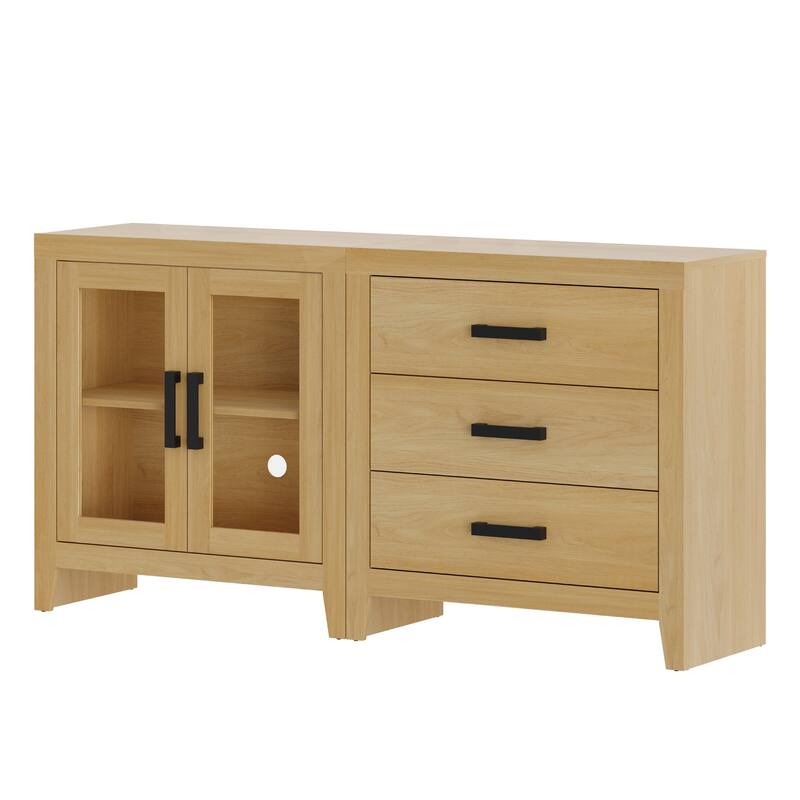 WAMPAT Farmhouse Buffet Cabinet, 2-Piece Sideboard with Glass Door & Storage Drawers for Kitchen