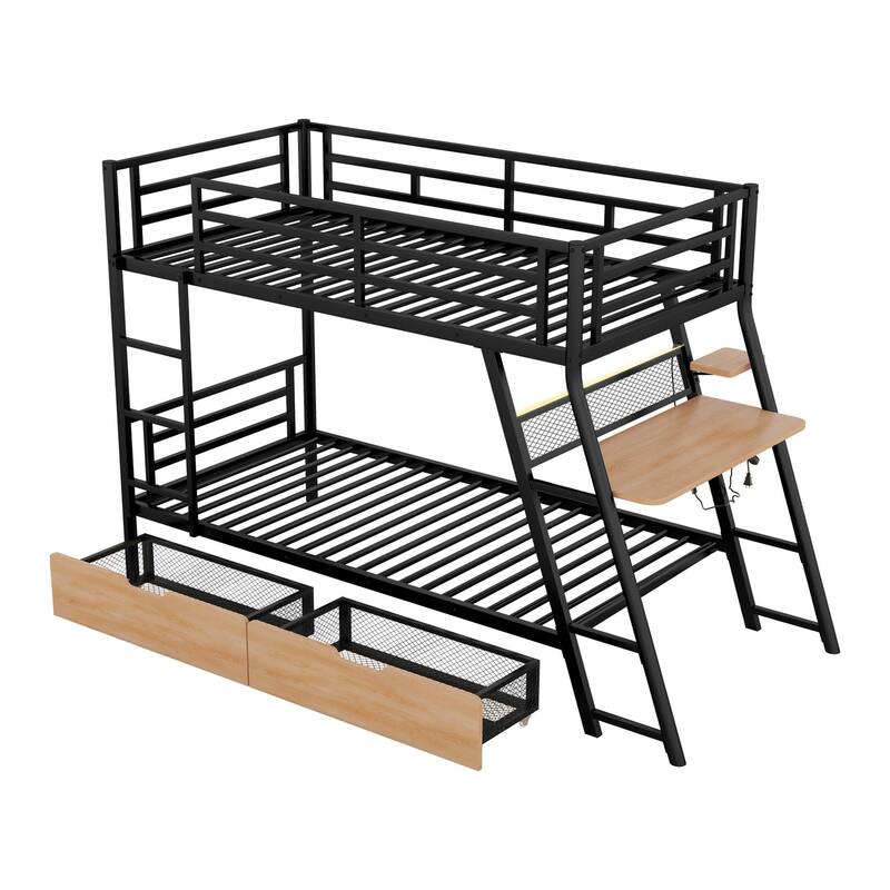 Merax Metal Bunk Bed with Built-in Desk, Light and 2 Drawers