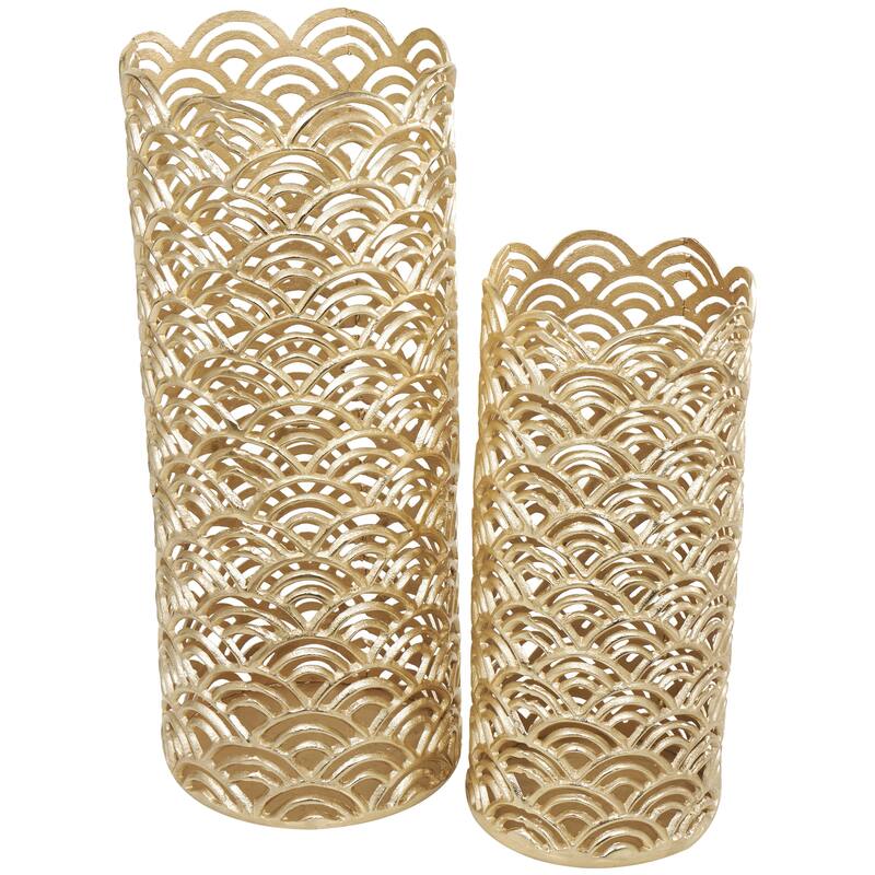 Aluminum Metal Geometric Art Deco Inspired Decorative Vase with Arch Designs - Set of 2 Gold or Silver - Roche River Decor