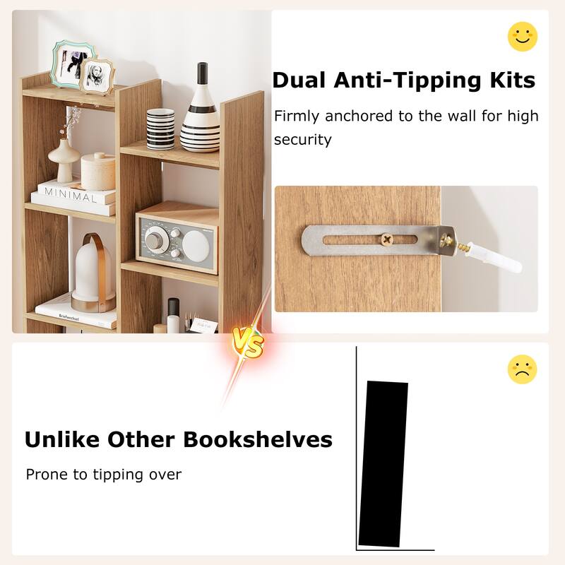 Gymax 11-Tier Bookcase w/Anti-Tipping Kits Wood Display Shelf