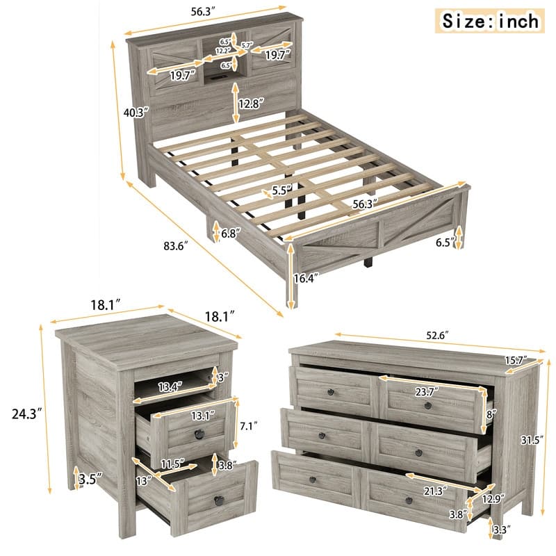 3-Pieces Farmhouse Bedroom Sets, Platform Bed with Sliding Door Storage Headboard and Charging, Nightstand and Dresser
