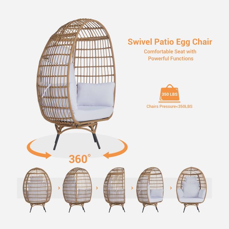 SANSTAR Patio Oversized Swivel Brown Wicker Egg Chair with Cushions