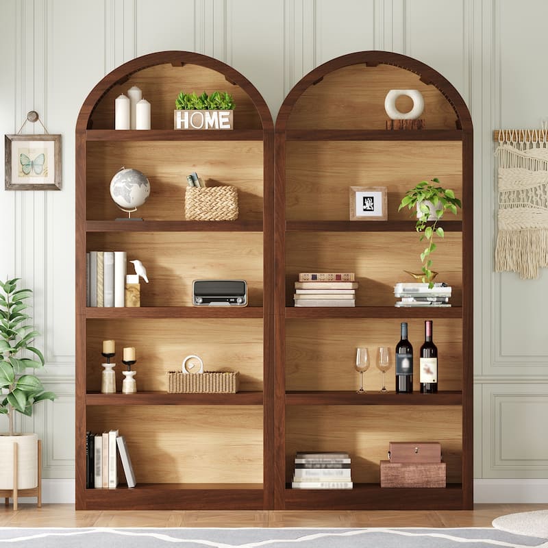 Freestanding Tall Bookshelves Set of 2, Farmhouse Two-Tone Open Storage Cabinet with Fabric Arched Top, 5-Tier Display Bookcase