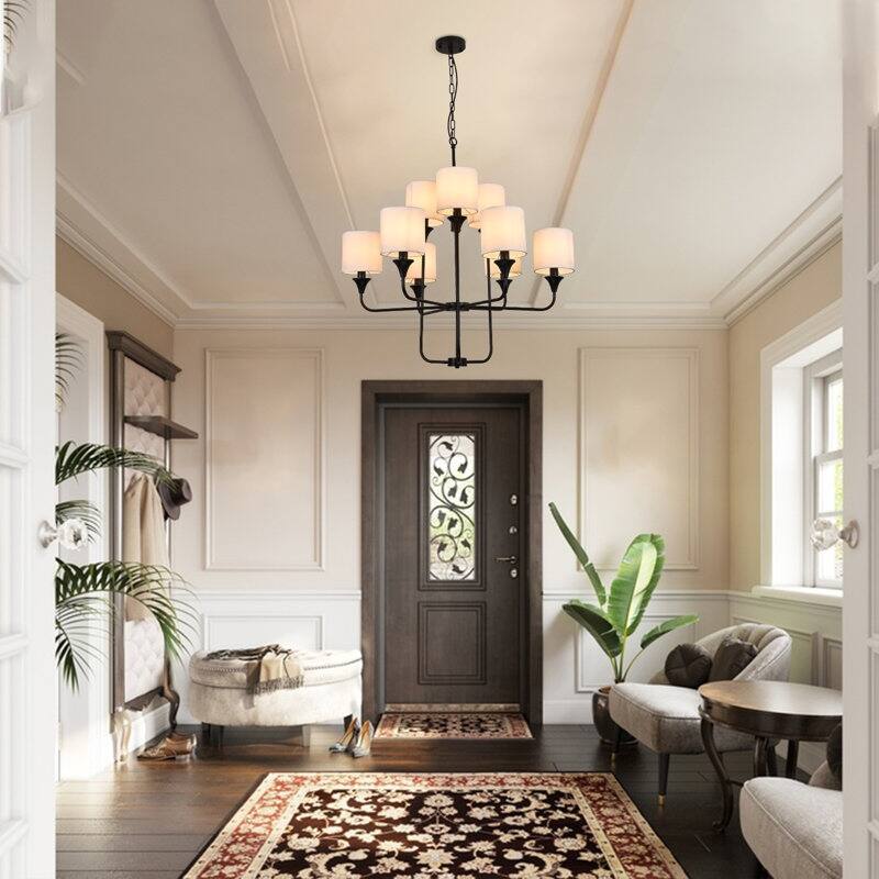 9-Light White Cylinder Shade Chandelier with Adjustable Chain