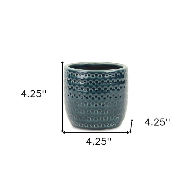 HomeRoots Teal Blue Ceramic 17 Ounce Dotted Round Distressed Pot Planter - 4.25 in. x 4.25 in. x 4.25 in.