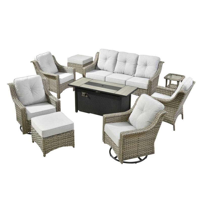 HOOOWOOO 9-piece Rattan Outdoor High Backrest Swivel Chair Set with 54"Fire Pit