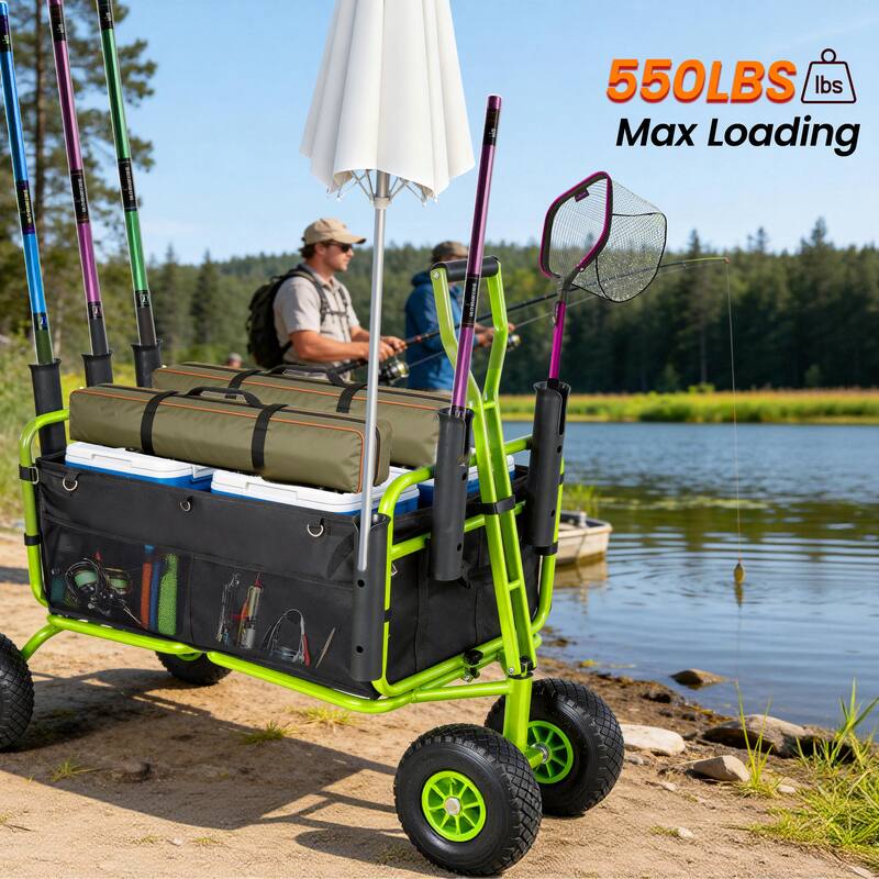 Beach Cart Collapsible Wagon 9.85"All-Terrain Wheels,Heavy Duty Garden Cart with Rod Holders,Umbrella Holder and Storage Pockets