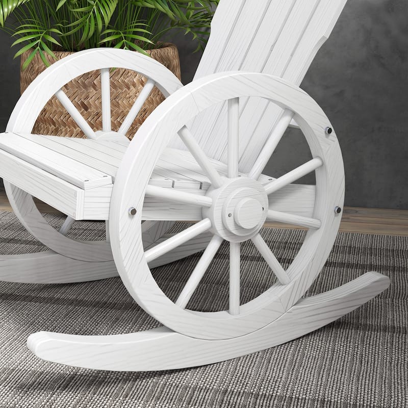 Outdoor Wooden Adirondack Rocking Chair with Wagon Wheel Armrest, Slatted Design and Oversized Back