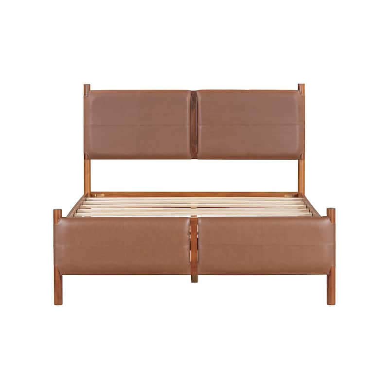 Queen Bed with Brown leather Upholstered Headboard