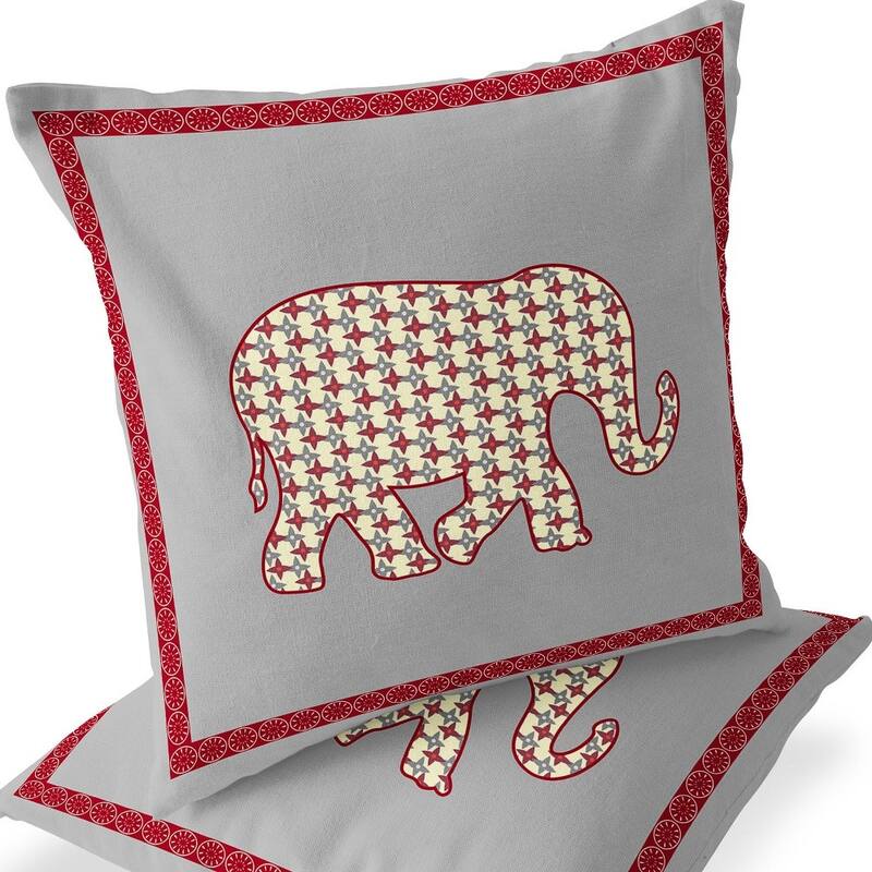 HomeRoots Set of Two 16" X 16" Gray and Red Elephant Blown Seam Animal Print Indoor Outdoor Throw Pillow