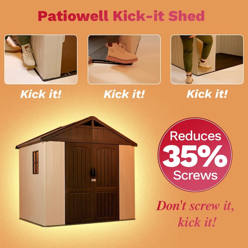 Patiowell 8' x 6' / 8' x 8' / 8' x 10 '/ 8' x 12' Plastic Outdoor Shed With Floor for Patio Furniture, Tools (Kick-It Shed)