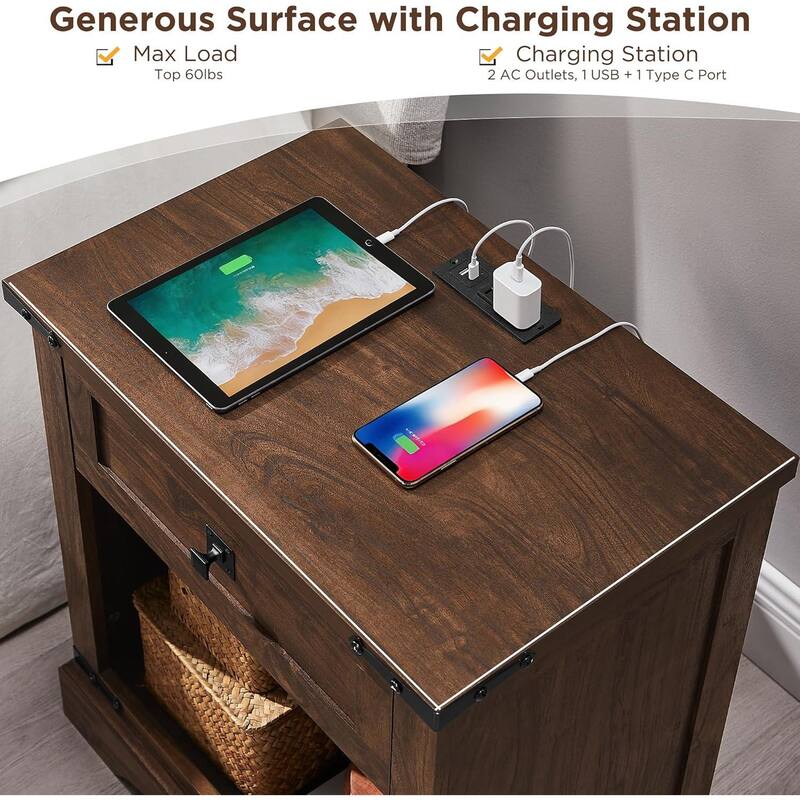 Farmhouse Nightstand with Charging Station，Beside Table for Bedroom