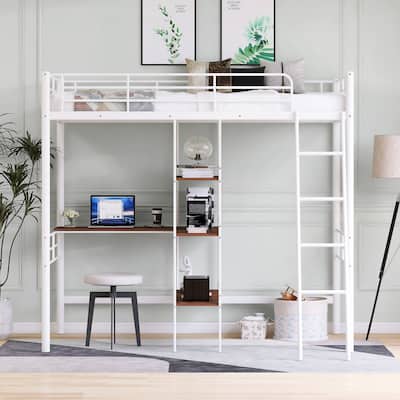 Metal Twin Size Loft Bed with Built-in Desk and 3 Layer Storage Shelves, Heavy Duty Metal High Loft Bed Frame with Guardrail