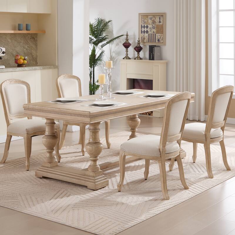 French Country Wood Dining Chairs Set of 2 Cotton Linen Seat