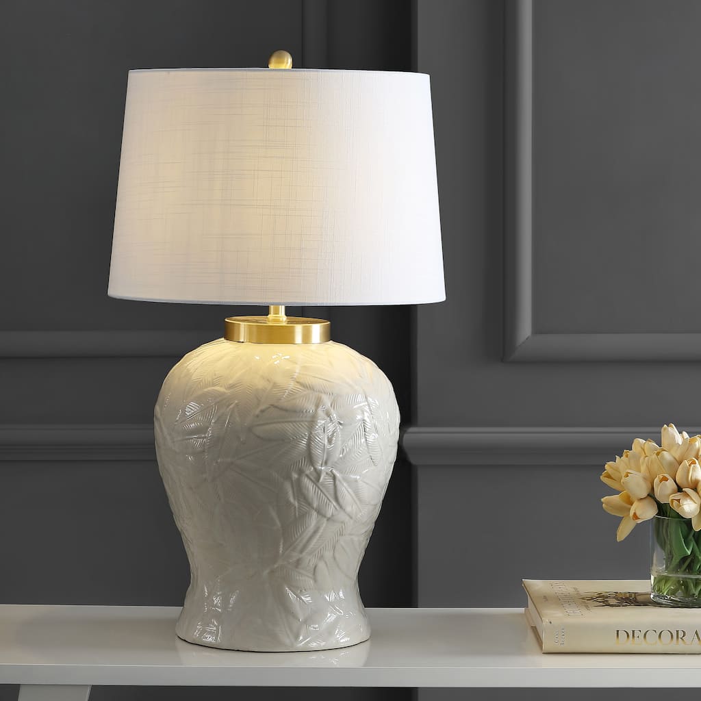 Sagwa Palm Leaf 31.5" Ceramic/Metal Bohemian Cottage LED Table Lamp, Cream by JONATHAN Y