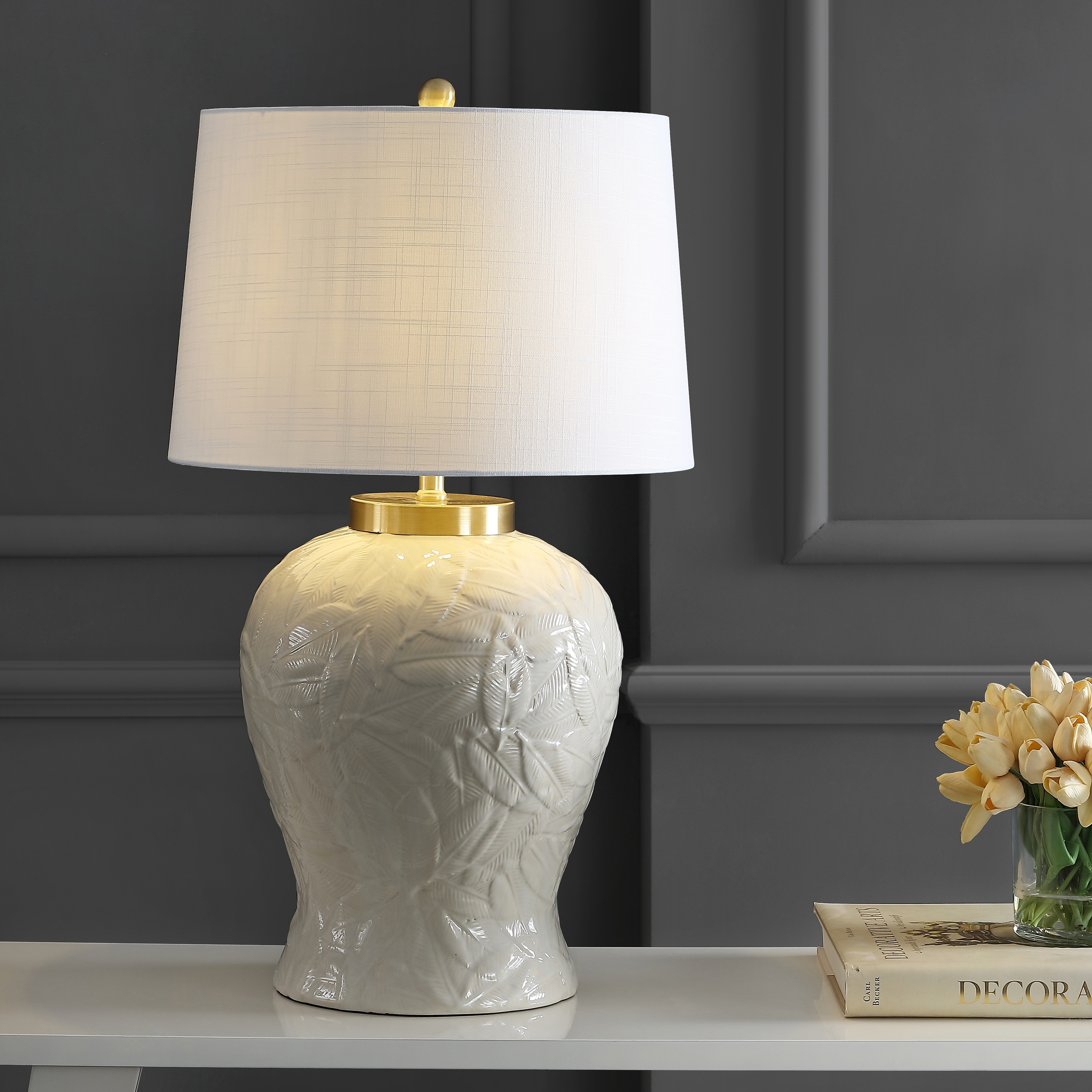 JONATHAN Y Sagwa Palm Leaf 31.5" Ceramic/Metal Bohemian Cottage LED Table Lamp, Cream