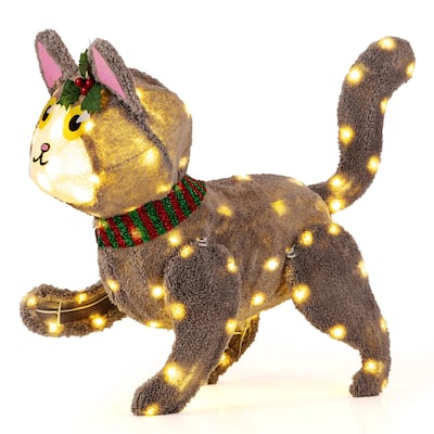 Gymax Lighted Christmas Cat w/ 88 LED Lights 4 Ground Stakes Cable - Multi - See Details