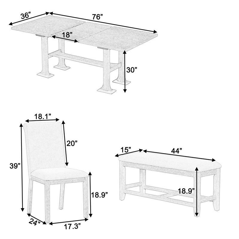 6-Piece Extendable Dining Table Set, Farmhouse Kitchen Table Set with Removable Leaf and Upholstered Dining Chair and Bench
