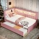 preview thumbnail 1 of 14, Trundle Upholstered Platform Bed with USB Ports and 7 Colors LED Belt Pink