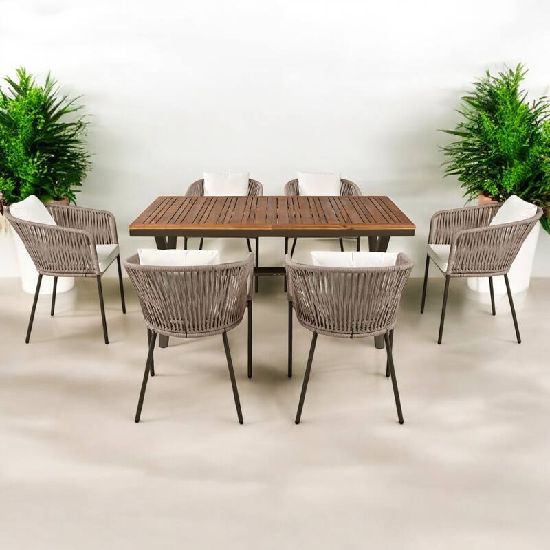 7-Piece Outdoor Patio Dining Set with Rope Weave Chairs, Cushions & Adjustable Feet - Ideal for Patio, Garden & Balcony