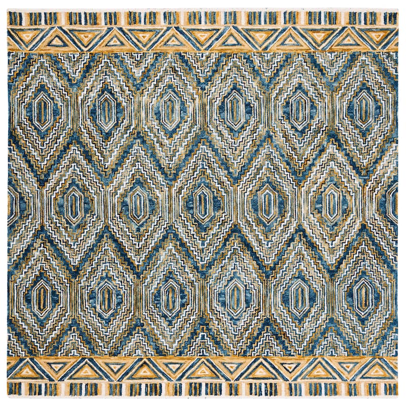 SAFAVIEH Handmade Aspen Frumah Boho Tribal Wool Rug - - 3' Square - Blue/Gold