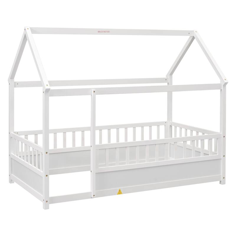 Twin Size Floor Wooden Bed with House Roof Frame, Fence Guardrails,Grey,for Bedroom Guest Room or Home