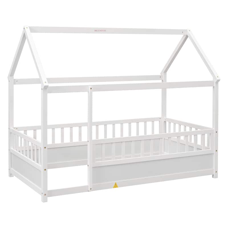 Twin Size Pine Wood Floor Bed with House Roof Frame, Fence Guardrails for Kids, Boys and Girls